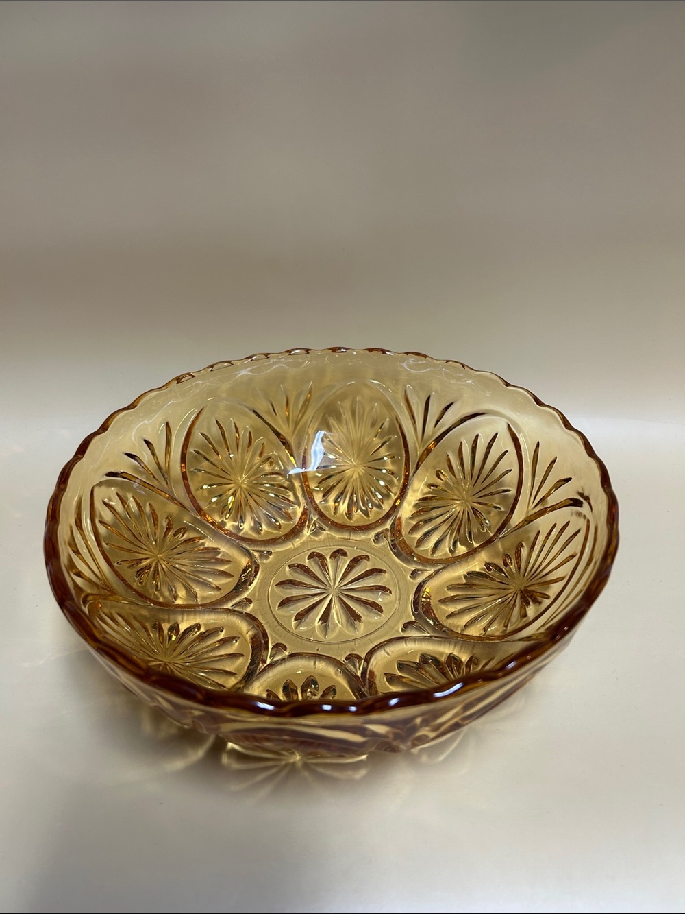 Vintage Amber Glass Fruit Bowl Depression Glass Scalloped Edges.